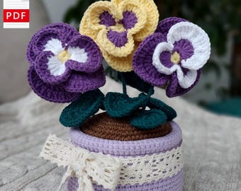 Pansies in a pot, crochet pattern PDF in Eng, flower knit, beautiful violets, home decor, detail description with pics, easy to follow
