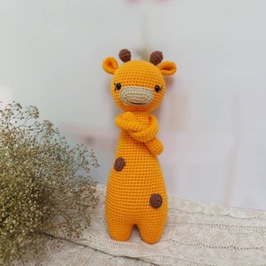 Crochet giraffe plush, stuffed animal amigurumi, knit safari, tall giraffe toy, handmade baby gift, nursery zoo decor, shelf standing doll image 1