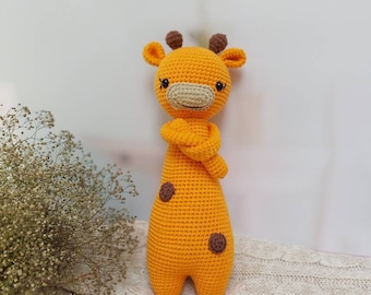 Crochet giraffe plush, stuffed animal amigurumi, knit safari, tall giraffe toy, handmade baby gift, nursery zoo decor, shelf standing doll