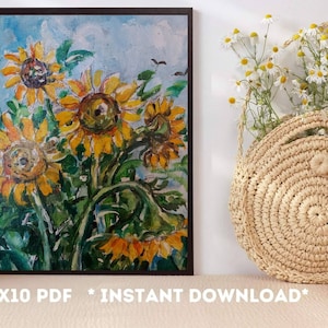 Ukrainian sunflower with blue sky, Ukraine art, children painting, Ukraine canvas, sunflower field, instant download file, glory to Ukraine