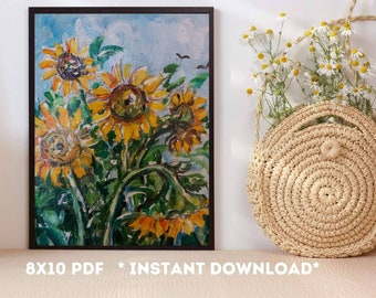 Ukrainian sunflower with blue sky, Ukraine art, children painting, Ukraine canvas, sunflower field, instant download file, glory to Ukraine