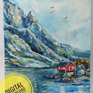 Ukrainian children art, fjords, mountain view with the blue water, canvas landscape painting, Ukraine artist, instant download  file