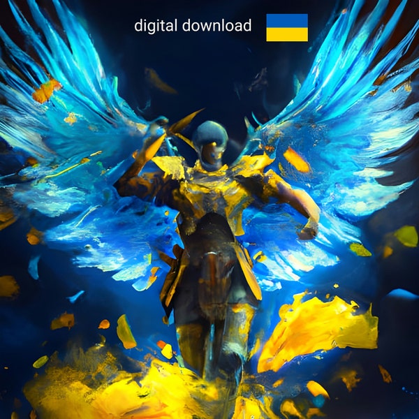 Glory to Ukrainian heroes, angel warrior with blue and yellow wings, dedicated to the first anniversary of war, digital art, downloadable