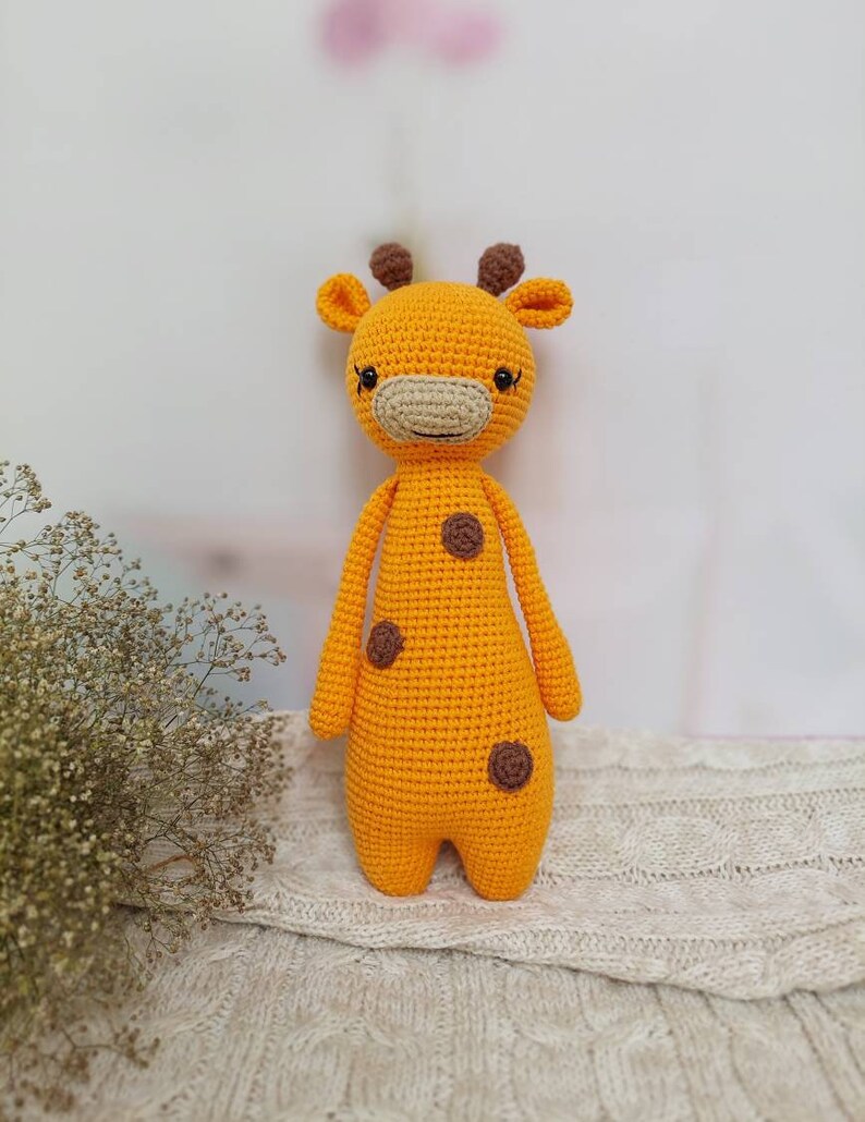 Crochet giraffe plush, stuffed animal amigurumi, knit safari, tall giraffe toy, handmade baby gift, nursery zoo decor, shelf standing doll image 2