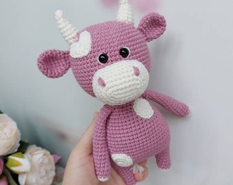Crochet cow plush, stuffed farm animal amigurumi, knit purple milk cow toy, handmade gift doll for kid, cute bull baby shower, nursery decor