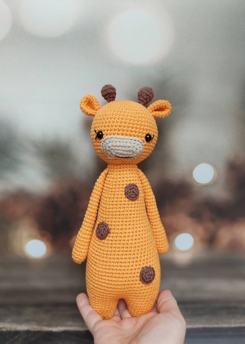 Crochet giraffe plush, stuffed animal amigurumi, knit safari, tall giraffe toy, handmade baby gift, nursery zoo decor, shelf standing doll image 10