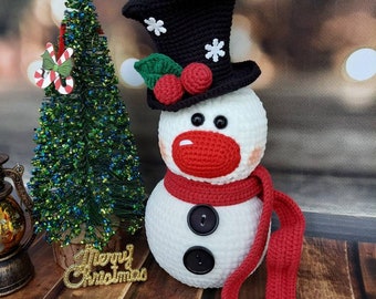 Snowman plush crochet, cute Christmas decor, knit stuffed amigurumi toy, winter gift, soft handmade doll in hat, holiday ornament