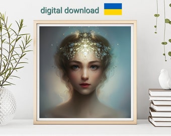 Beautiful young spring lady portrait, digital art, printable creation, instant download, made in Ukraine