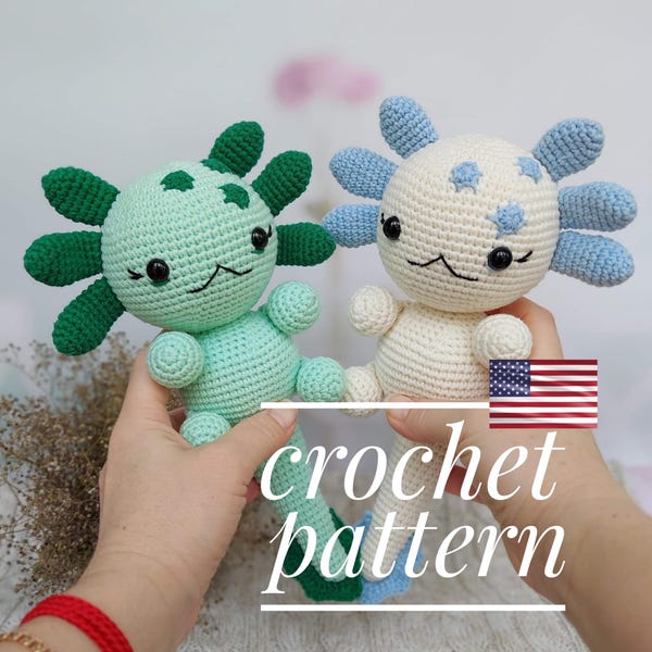 Modèle PDF au crochet axolotl en anglais, tricot, jolie peluche faite main, description détaillée, instructions, facile à suivre, fichier numérique