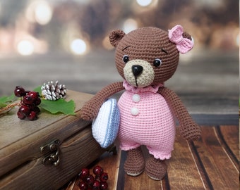 crochet bear plush, stuffed animal amigurumi, bear with pillow and pajamas, sleepy bear toy, cute handmade gift for kids, shelf standing toy