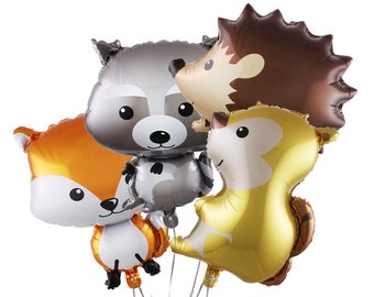 Woodland Animals Foil Balloons: Fox, Raccoon, Squirrel, Hedgehog
