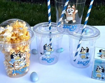 Blue 16oz Plastic Popcorn Cup and Juice Cup.