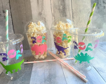 Girl Dinosaur Party Cups: 16 Oz. Plastic Cups with Lids