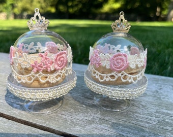 Princess Favor Dome: Pink Lace, Gold Crown - Set of 6