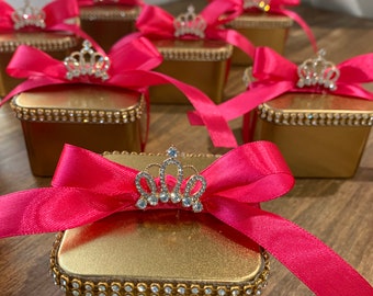 Gold Princess Party Favor Tins: Crowned Candy Container