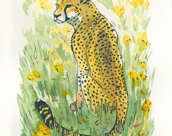 Cheetah in Flowers Watercolor Print 8.5"x5.5" – Wildlife Art