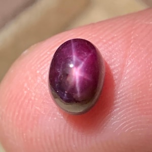 May include: A polished, oval-shaped, deep burgundy gemstone with a six-rayed star pattern. The gem is held between fingers, showcasing its rich color and the star effect, a natural optical phenomenon.
