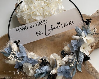TÜRKRANZ | Blau Hortensie | Trockenblumen | Flower Hoop | personalisiert | Geschenk | Hochzeit | Geburtstag | Kranz