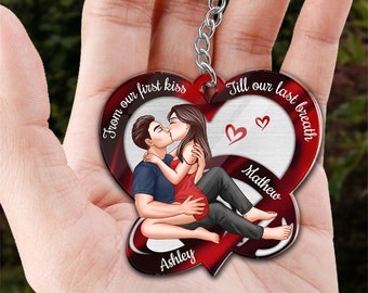 Sexy Paar küssen rote Herz Ringe personalisierte Acryl Keychain