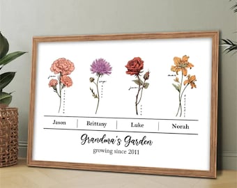 Affiche horizontale personnalisée fleurs du mois de naissance jardin de grand-mère avec noms d'enfants noms de fleurs