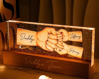 Daddy's Team Fist Bump Personalized Acrylic LED Night Light, Father's Day Gift For Dad, For Grandpa, For Husband