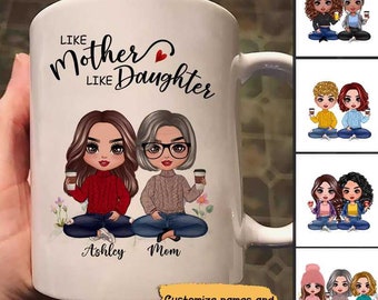 Puppenmutter und Töchter personalisierte Tasse, Muttertagsgeschenk, personalisiertes Mamageschenk