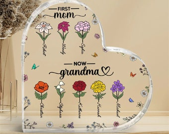 First Mom Now Grandma Birth Month Flower Personalized Acrylic Heart Plaque