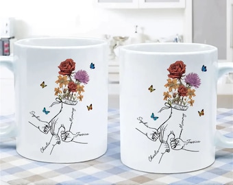 Holding moeder oma hand geboorte maand bloemen gepersonaliseerde mok