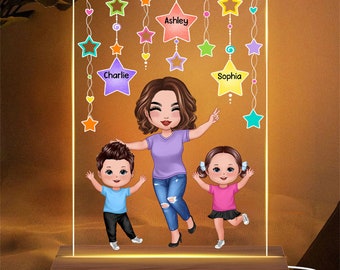 Star Strings Happy Doll, grand-mère, maman et enfants, plaque acrylique rectangle personnalisée, veilleuse LED