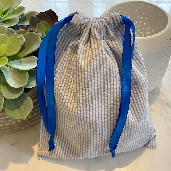 Blue striped drawstring bag, travel laundry bag, cotton fabric gift bag, shoe bag for travel, travel accessory, letterbox gift, travel pouch