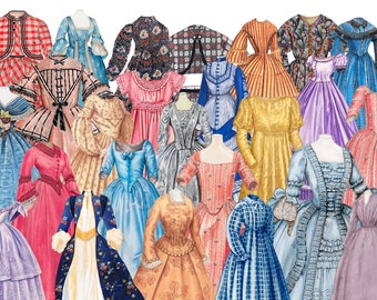Könnte beinhalten: Eine Sammlung von Kleidern im Vintage-Stil in verschiedenen Farben und Mustern, darunter florale, karierte und gestreifte Designs. Die Kleider werden auf Schaufensterpuppen präsentiert und haben verschiedene Ausschnitte, Ärmel und Längen.