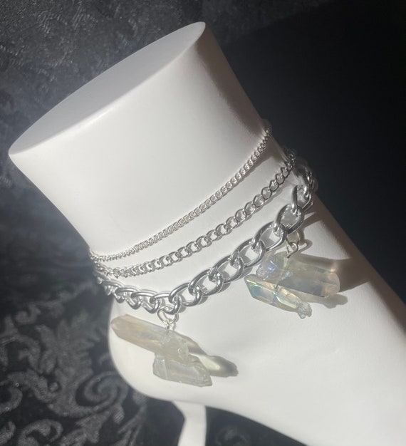 Handmade silver quartz and chain ankle bracelet set of three wrist bracelets wrist jewelry ankle jewelry