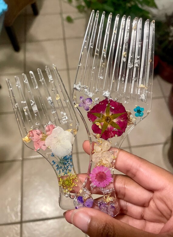 Floral clear Afro hair comb pick set with gold and silver foil