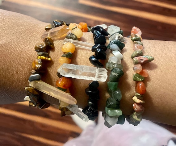 Tigereye, clear quartz, jasper, orange quartz OR carnelian and unakite or tigereye Beaded crystal chip stretch bracelets