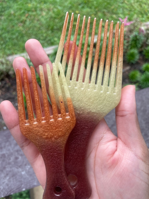 Green purple and brown Afro hair comb pick set