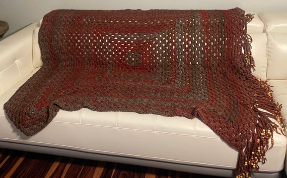 Red grey and brown granny square blanket