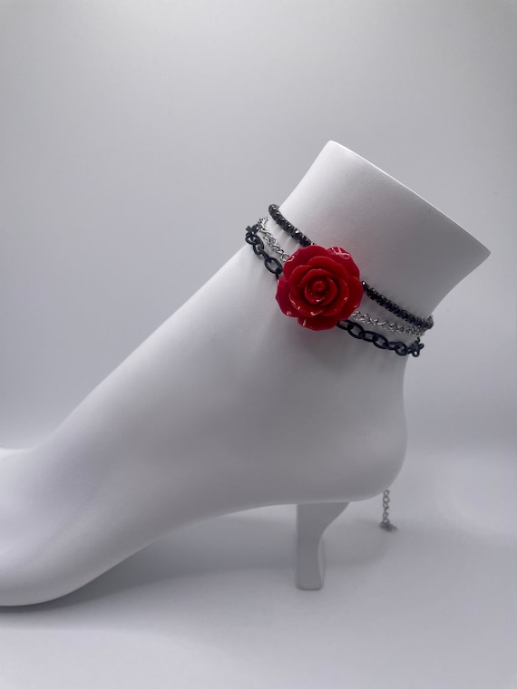 handmade red rose and black chain ankle bracelet(anklet)/ bracelet set of three.