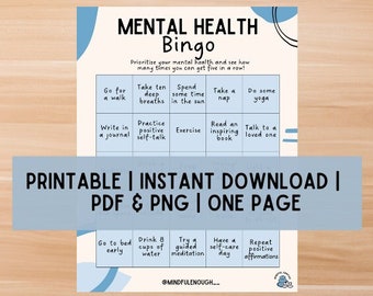 Bingo imprimible de salud mental / Planificador de salud mental / Juego imprimible de salud mental / Imprimible de bienestar / Hoja de trabajo de autocuidado / Juego de trabajo