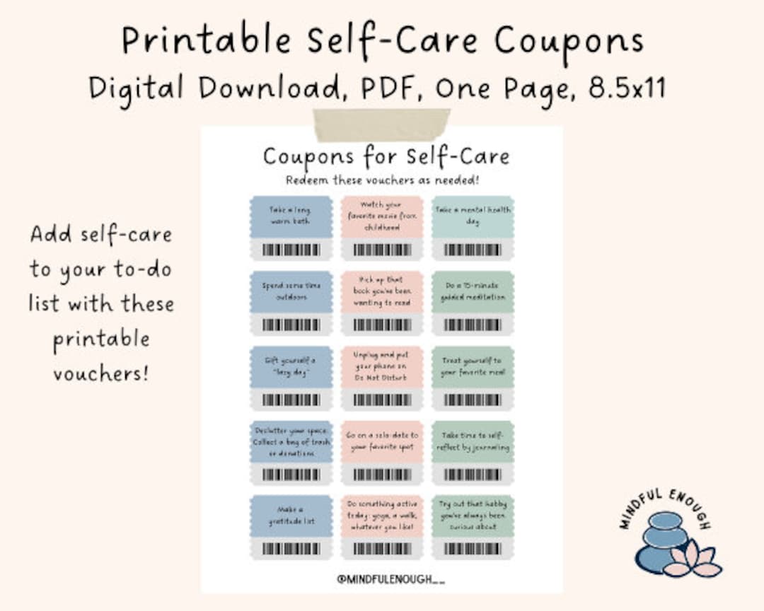 Printable Selfcare Coupons Digital Download Selfcare Activity Self