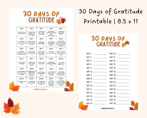 30 Day Gratitude Challenge | Gratitude Calendar Printable | Gratitude Printable | Thanksgiving ...