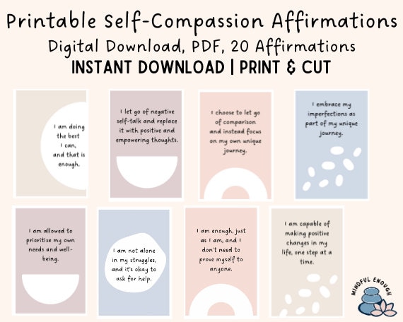Printable Self-Compassion Affirmations | Instant Download | Affirmations for Self-Love and Self-Care