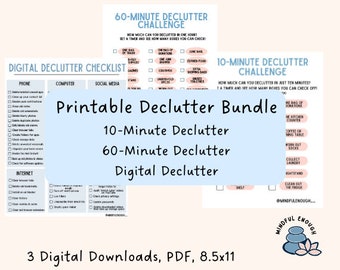 Op de afbeelding: Printbare opruim bundel met 10-minuten, 60-minuten en digitale opruim checklists. De bundel bevat 3 digitale downloads in PDF-formaat, 21,59 cm x 27,94 cm groot. De afbeelding toont verschillende opruim taken.