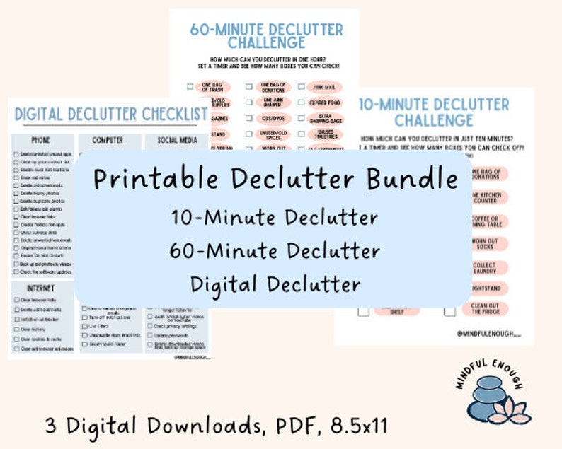 Puede incluir: Paquete imprimible de limpieza con listas de verificaci&oacute;n de limpieza digital, de 10 minutos y de 60 minutos. El paquete incluye 3 descargas digitales en formato PDF, de 21,59 cm x 27,94 cm. La imagen presenta tareas de limpieza.
