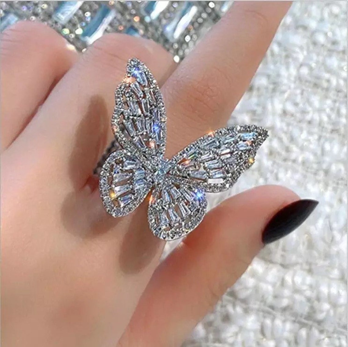 Big Crystal Butterfly Ring adjustable Statement Ring Etsy