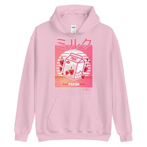 Bonito rosa e branco retro 90 vaporwave japonês kawaii morango milk shake caixa anime georgenotfound fã menina ou menino gamer/jogos com capuz