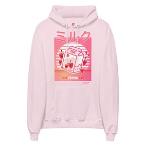 Rosa Retro 90's Vaporwave Japonês Kawaii Morango Milk Shake Caixa Anime GeorgeNotFound Fã Menina ou Menino Gamer/Gaming Hoodie