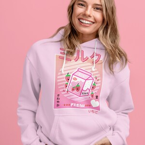 Morango Leite Rosa Retro Vaporwave Japonês Kawaii Morango Milk Shake Caixa Anime GeorgeNotFound Fã Menina ou Menino Gamer/Gaming Hoodie