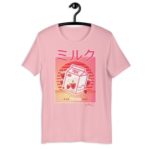 Camiseta estética retrô Vaporwave dos anos 90, camiseta japonesa Kawaii com morango e caixa de leite, camiseta rosa japonesa Anime Gaming Kawaii, presente Kawaii