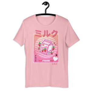 Camiseta rosa retrô anos 90 Vaporwave japonesa Kawaii morango Milk Shake caixa Anime Gaming Girl Gamer T-Shirt, presente/camiseta Kawaii brilhante para menina