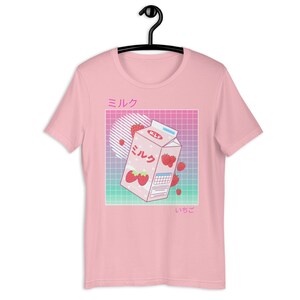 Camiseta estética retrô dos anos 90 Vaporwave, camiseta japonesa Kawaii com morango e leite em caixa rosa e azul de anime japonês para jogos Kawaii, presente Kawaii